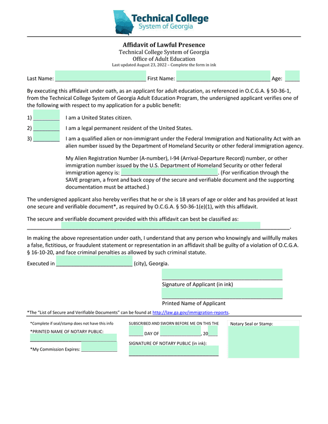 Affidavit Of Lawful Presence screenshot