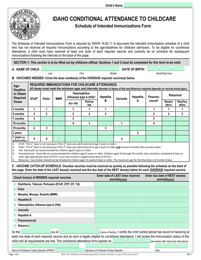Idaho Conditional Attendance To Childcare Schedule Of Intended Immunizations Form screenshot
