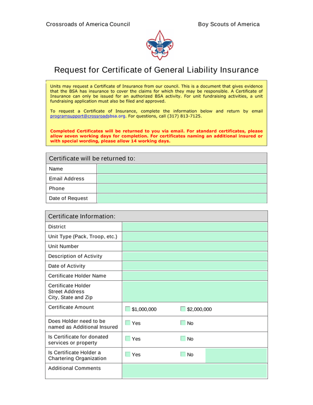 Request For Certificate Of General Liability Insurance screenshot