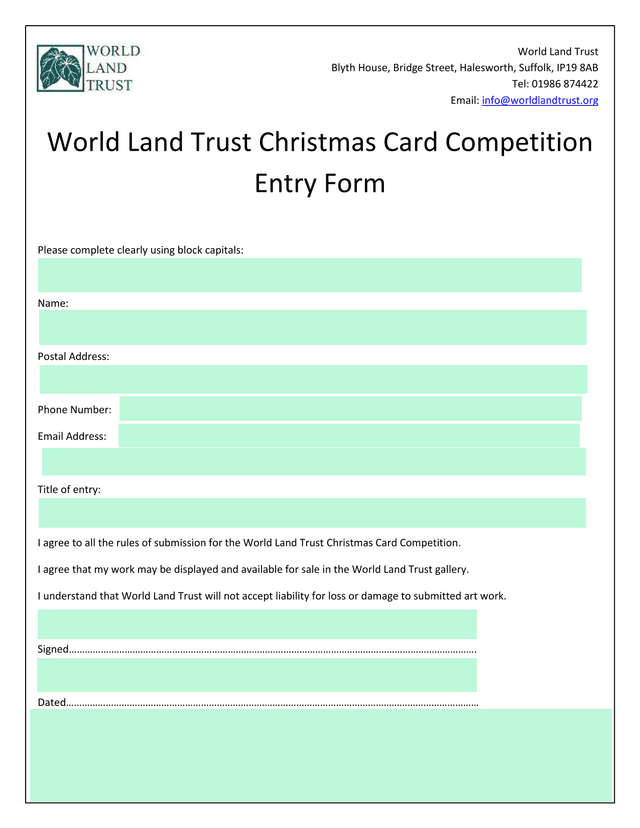 World Land Trust Christmas Card Competition Entry Form screenshot