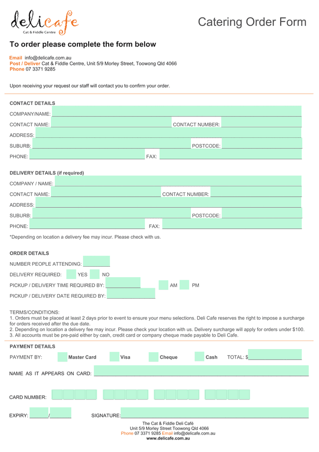Catering Order Form screenshot