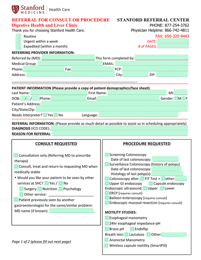 Stanford Health Care Referral For Consult Or Procedure screenshot