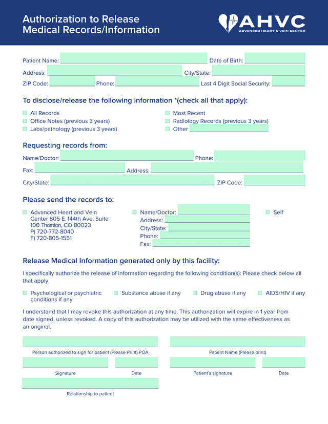 Authorization To Release Medical RecordsInformation screenshot