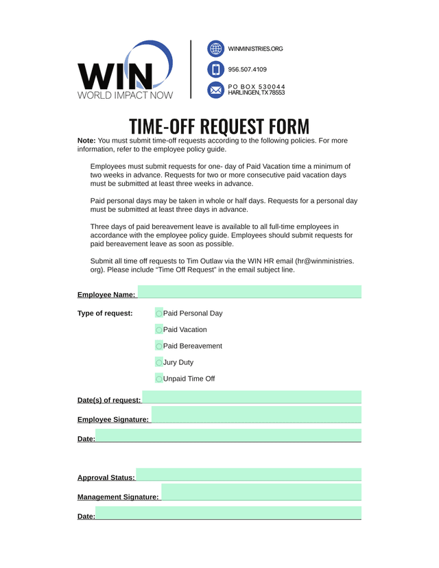 Time Off Request Form screenshot