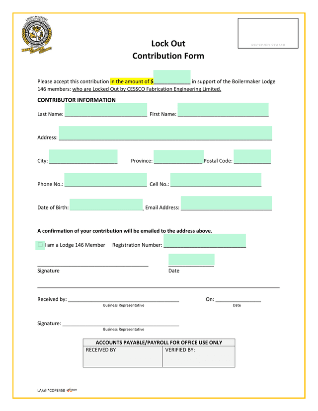 Lock Out Contribution Form screenshot