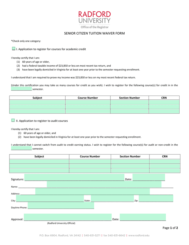 Senior Citizen Tuition Waiver Form screenshot