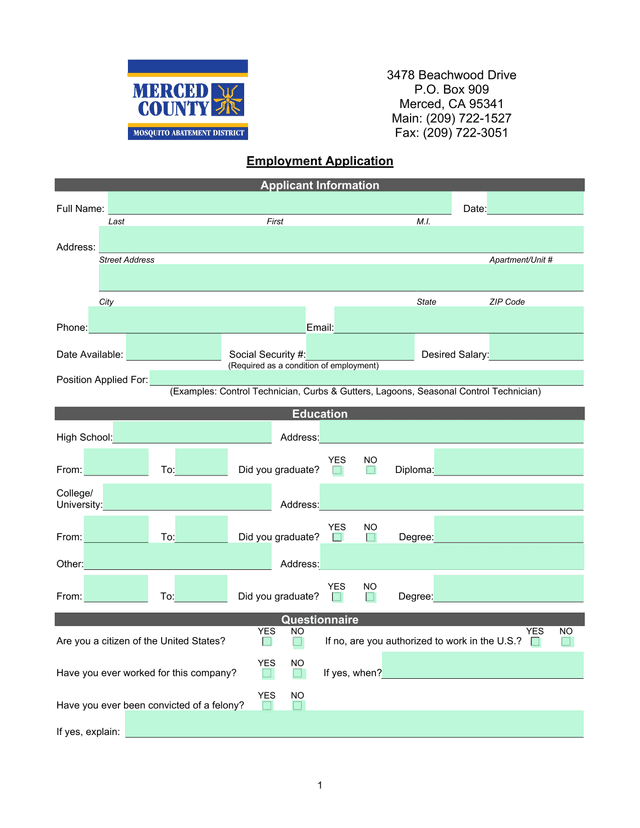 Employment Application screenshot