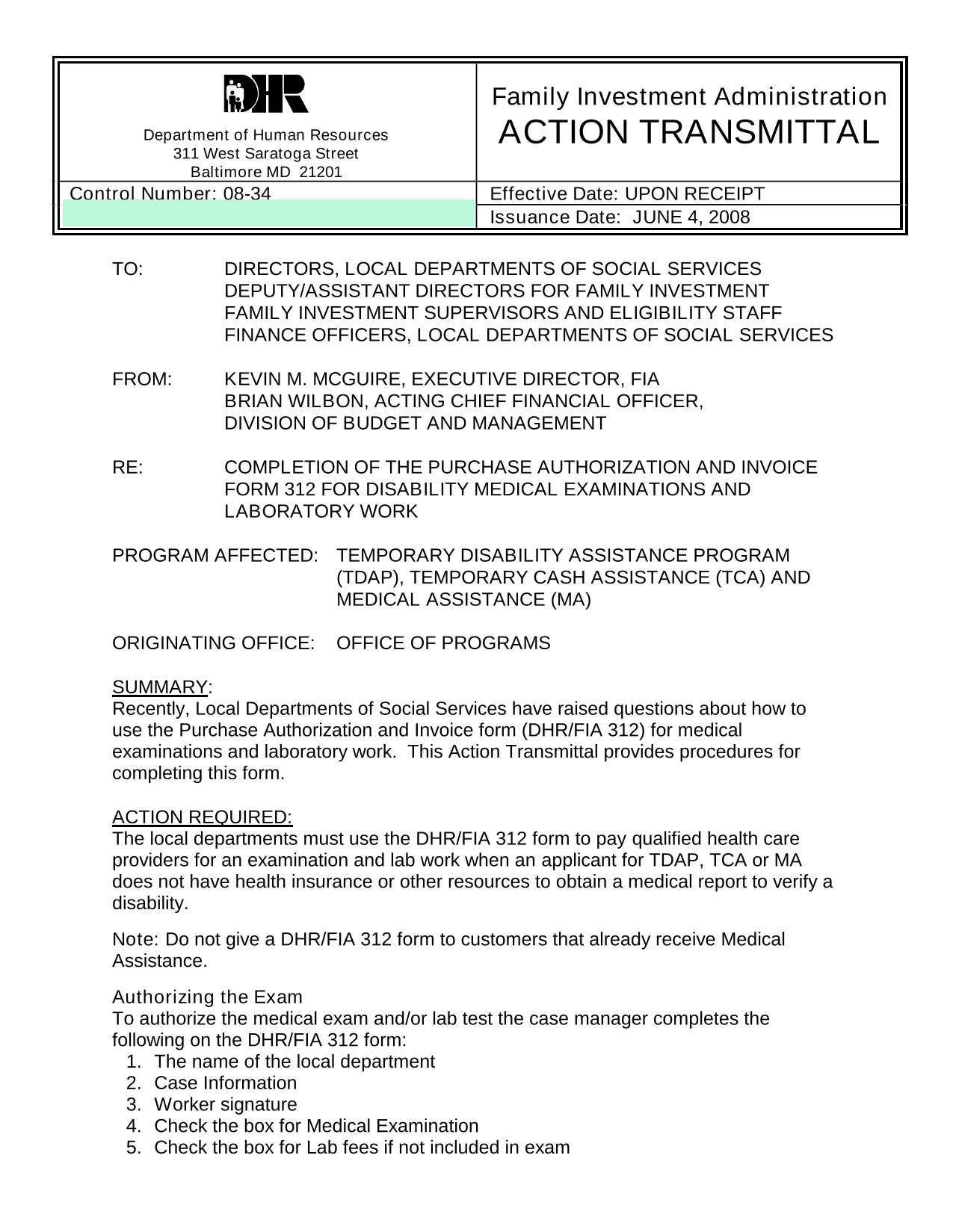 Purchase Authorization And Invoice Form 312 For Disability Medical Examinations And Laboratory Work screenshot