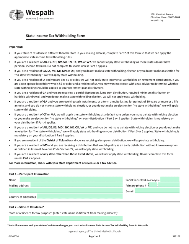State Income Tax Withholding Form screenshot