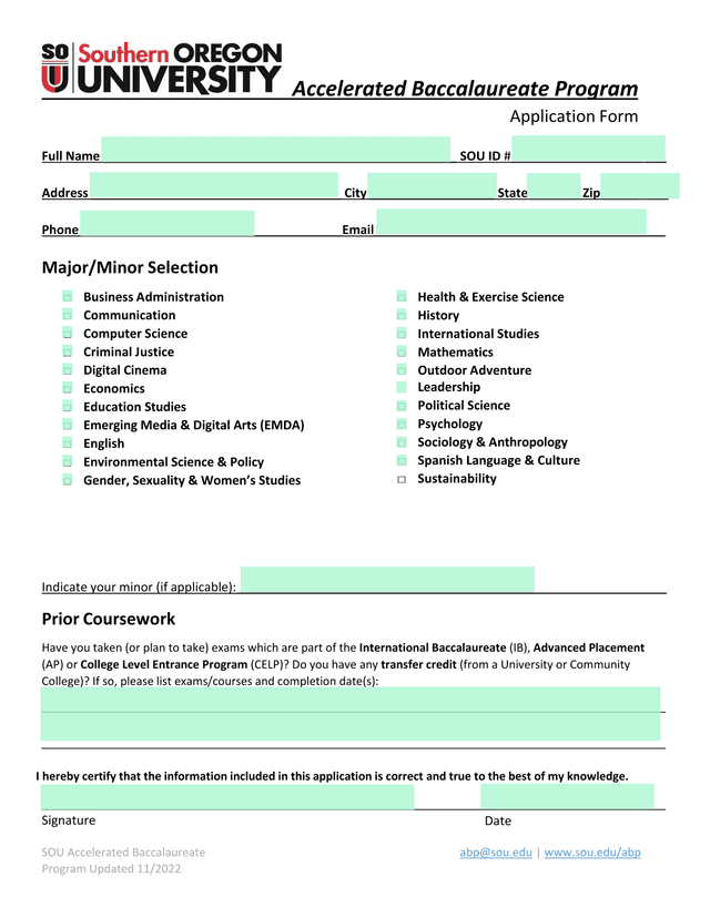Accelerated Baccalaureate Program Application Form screenshot