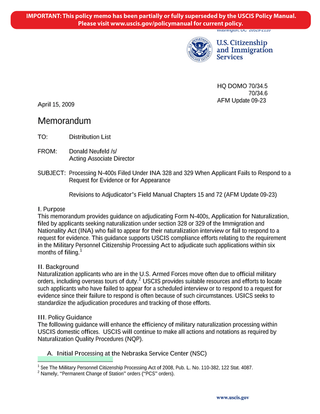 Processing N 400s Filed Under INA 328 And 329 When Applicant Fails To Respond To A Request For Evide screenshot