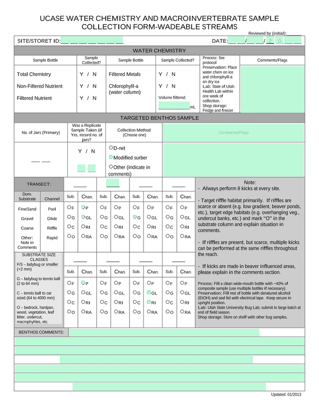 UCASE Water Chemistry And Macroinvertebrate Sample Collection Form Wadeable Streams screenshot