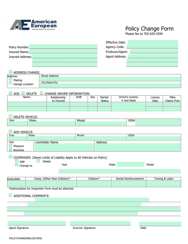 Policy Change Form screenshot