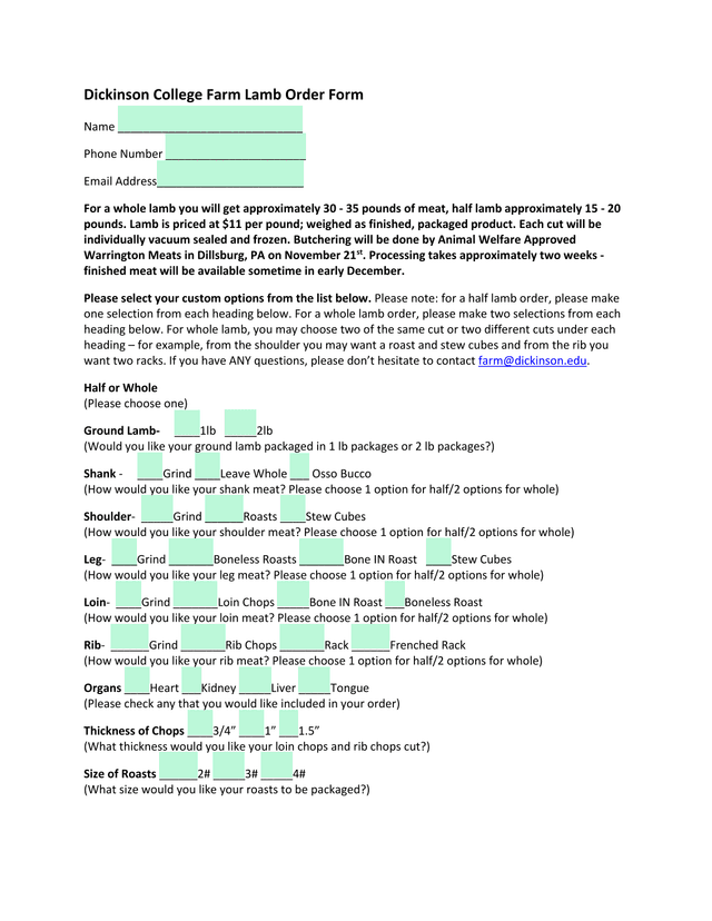 Dickinson College Farm Lamb Order Form screenshot