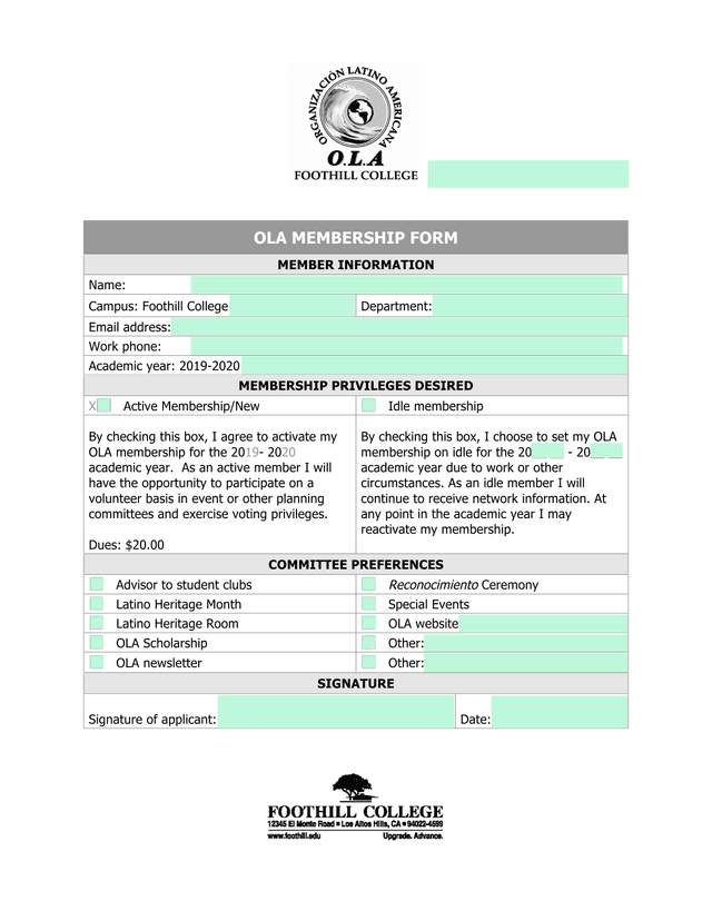 OLA Membership Form screenshot