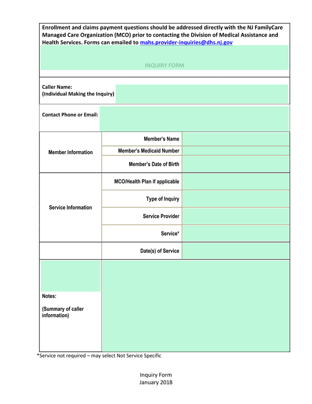Inquiry Form screenshot