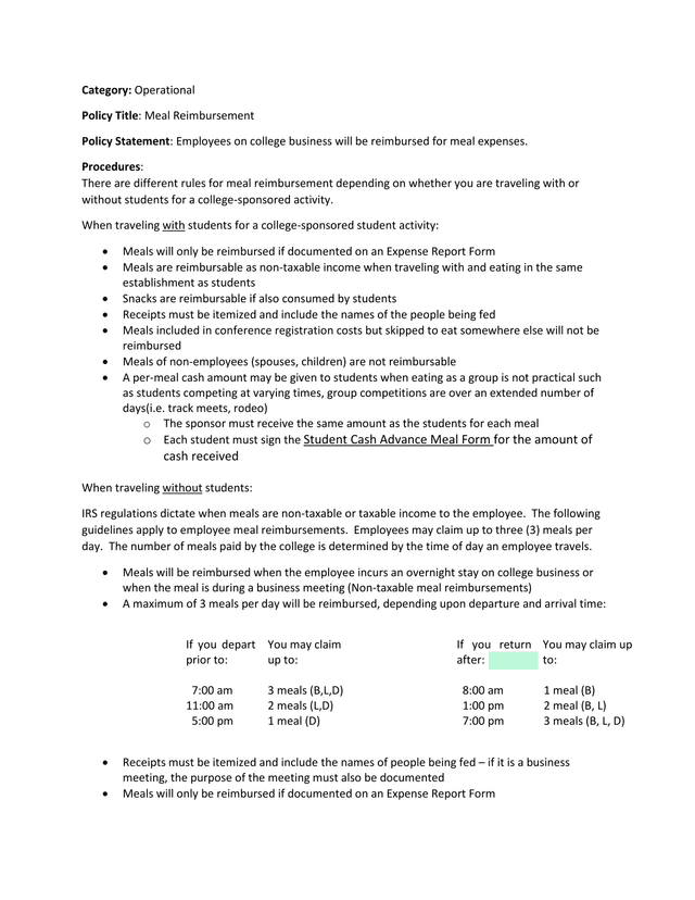 Meal Reimbursement Policy screenshot