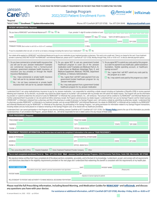 REMICADE And Infliximab Mastercard Patient Information Form screenshot