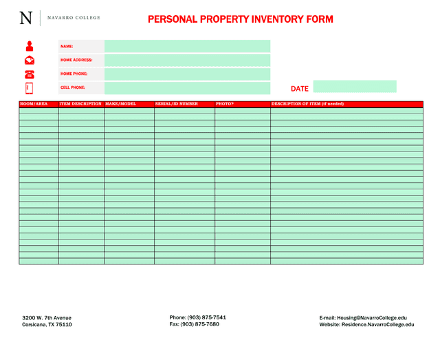 Personal Property Inventory Form screenshot