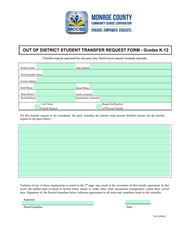 OUT OF DISTRICT STUDENT TRANSFER REQUEST FORM   Grades K 12 screenshot