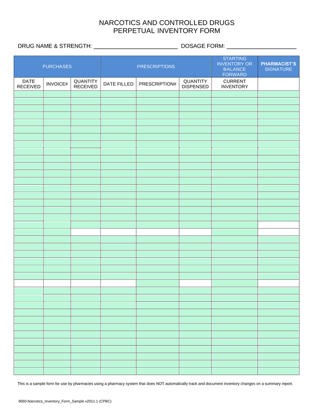 9060 Narcotics Inventory Form Sample screenshot