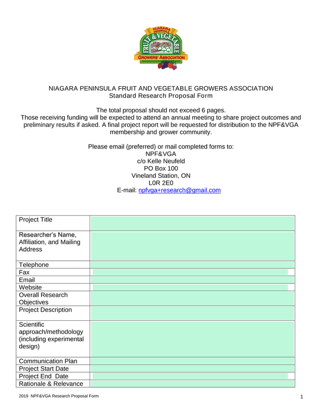 NPFVGA Research Proposal Form screenshot