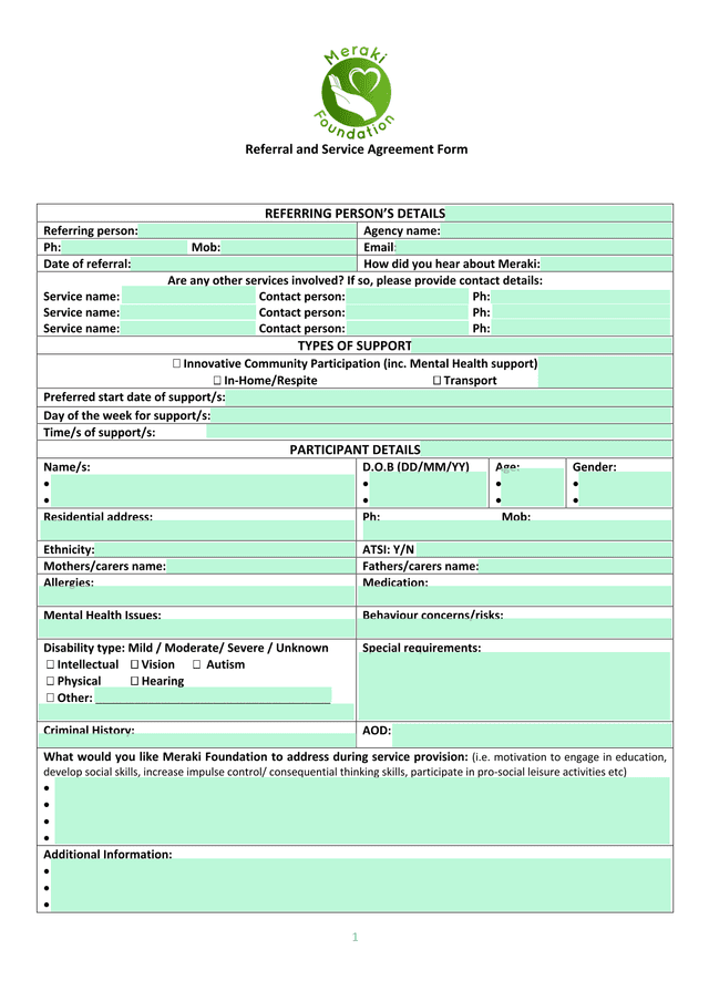 Referral And Service Agreement Form screenshot