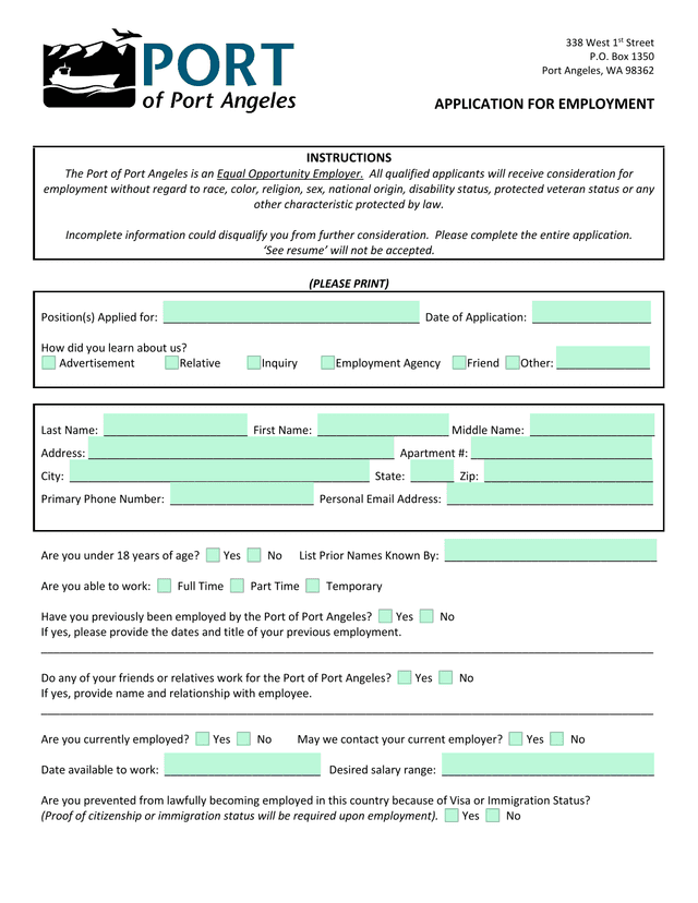 APPLICATION FOR EMPLOYMENT screenshot
