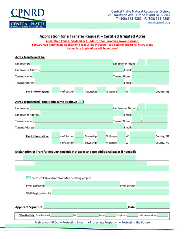 Application For A Transfer Request  Certified Irrigated Acres screenshot