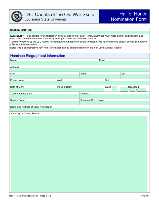 LSU Cadets Of The Ole War Skule Hall Of Honor Nomination Form screenshot