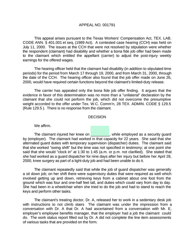 Workers Compensation Appeal Decision screenshot
