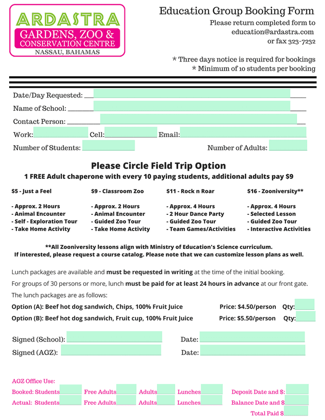 Education Group Booking Form screenshot