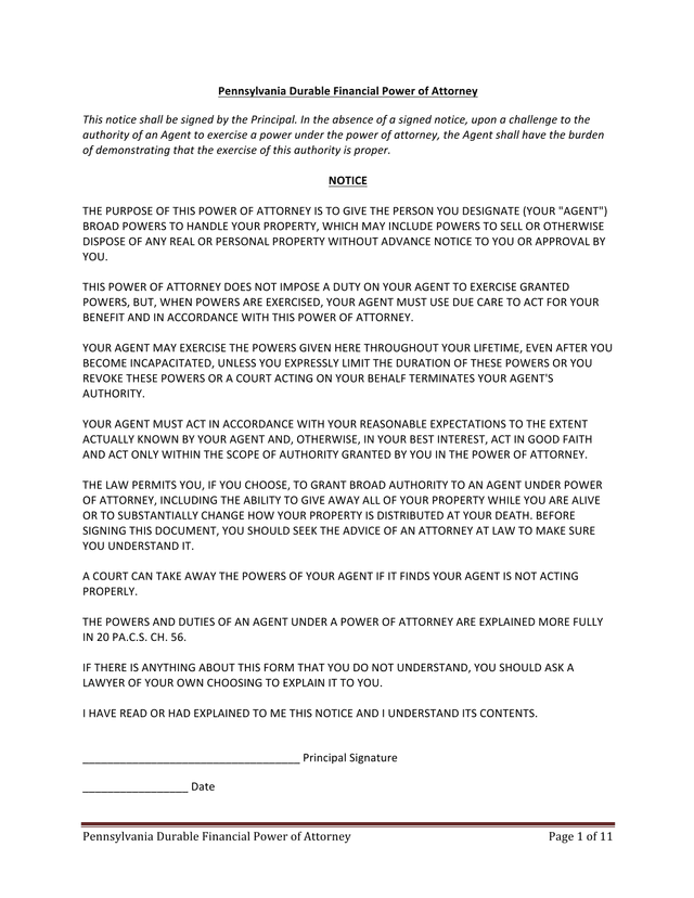 Pennsylvania Durable Financial Power Of Attorney screenshot