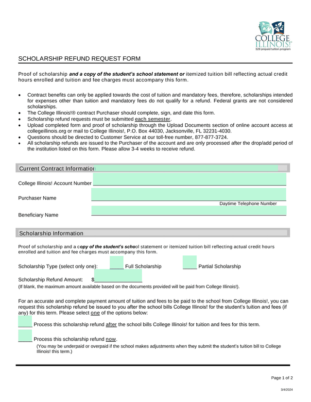 SCHOLARSHIP REFUND REQUEST FORM screenshot
