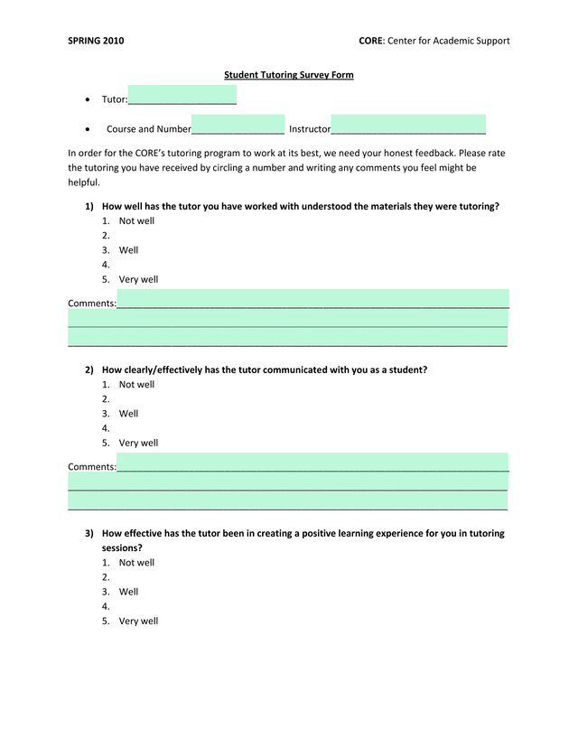 Student Tutoring Survey Form screenshot