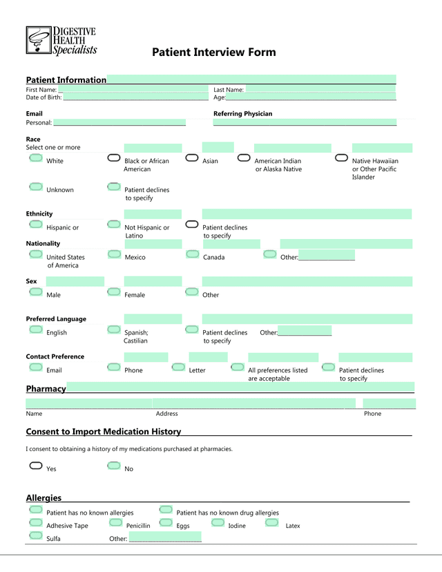 Patient Interview Form screenshot