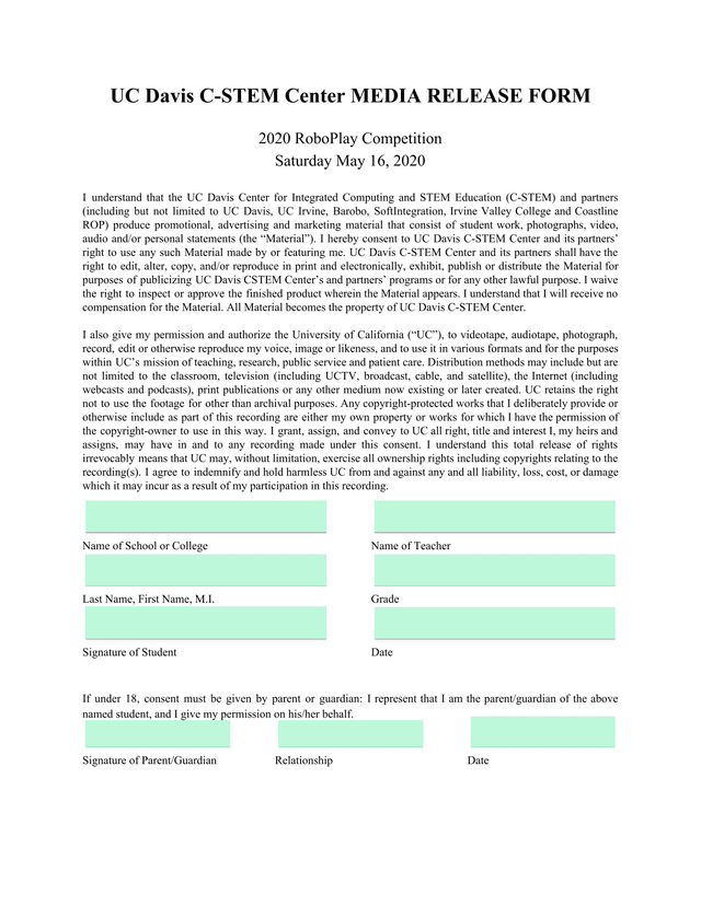 UC Davis C STEM Center MEDIA RELEASE FORM screenshot