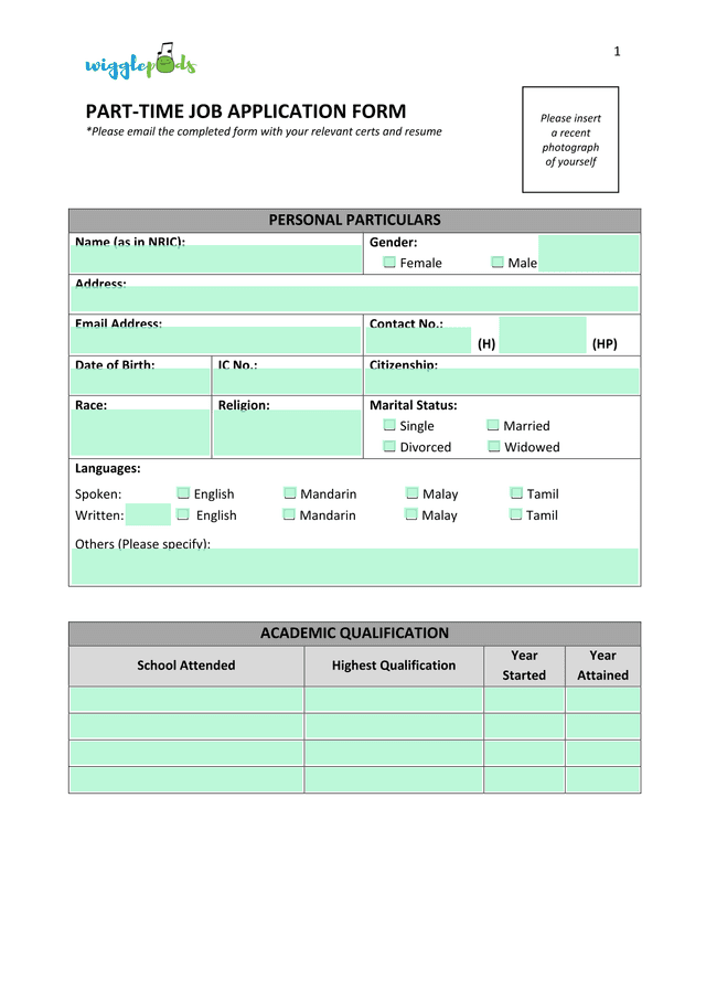 Part Time Job Application Form screenshot