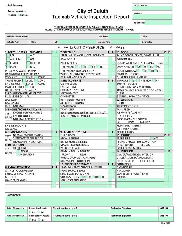City Of Duluth Taxicab Vehicle Inspection Report screenshot
