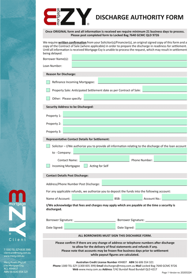 Discharge Authority Form screenshot