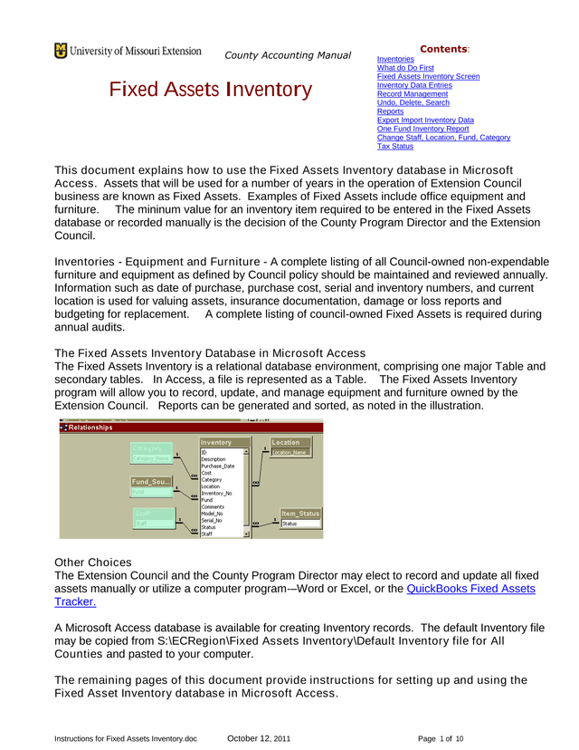 Instructions For Fixed Assets Inventory screenshot