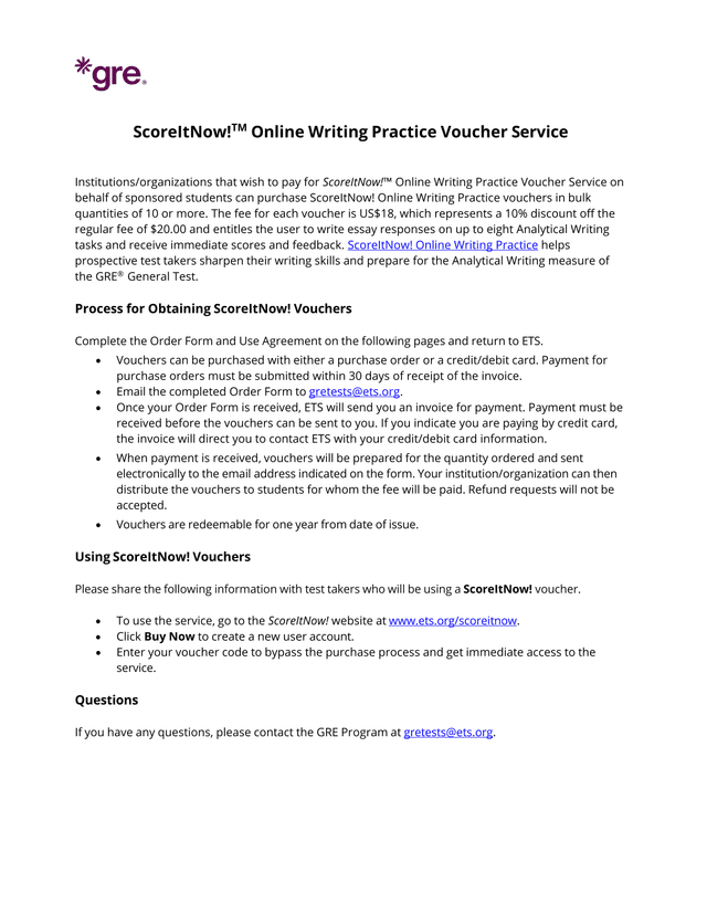 ScoreItNowTM Online Writing Practice Voucher Service Order Form screenshot