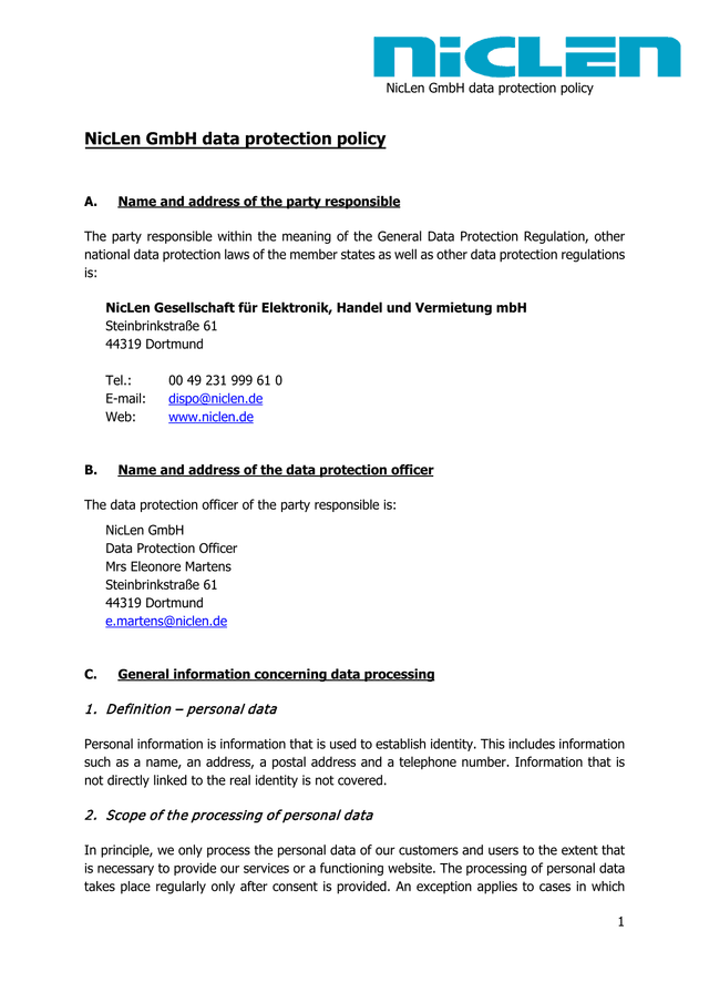 NicLen GmbH Data Protection Policy screenshot