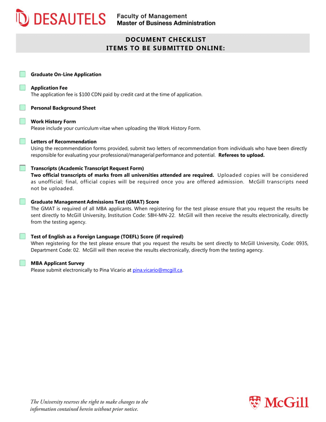 Graduate Application Document Checklist screenshot