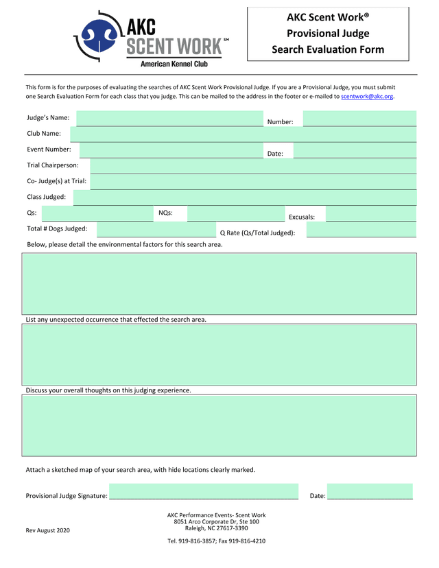 AKC Scent Work Provisional Judge Search Evaluation Form screenshot