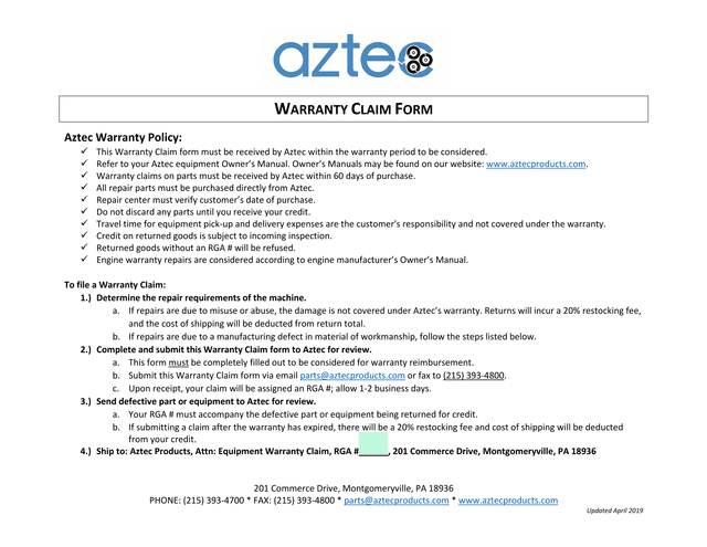 Warranty Claim Form screenshot