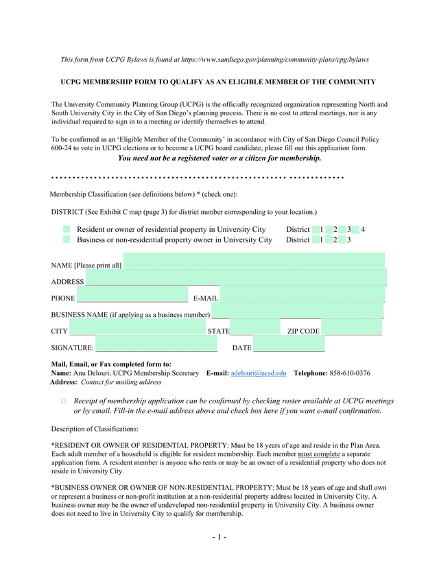 UCPG Membership Form screenshot