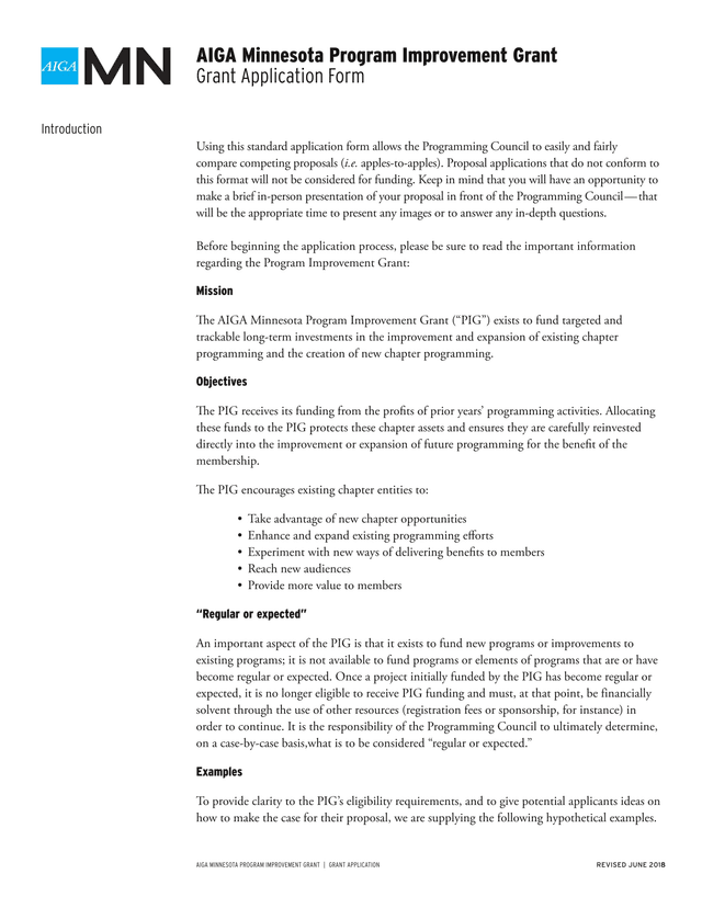 AIGA Minnesota Program Improvement Grant Application screenshot