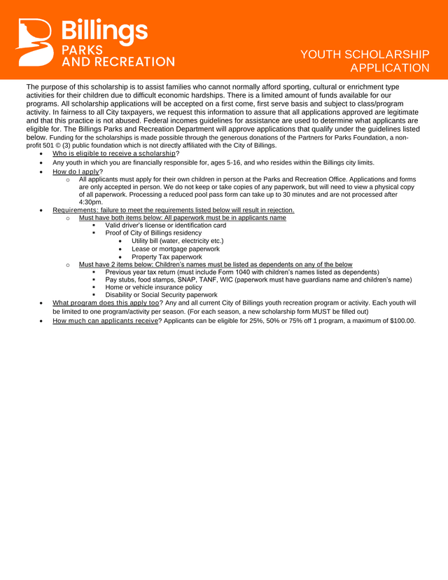 Parks And Recreation Youth Scholarship Application screenshot