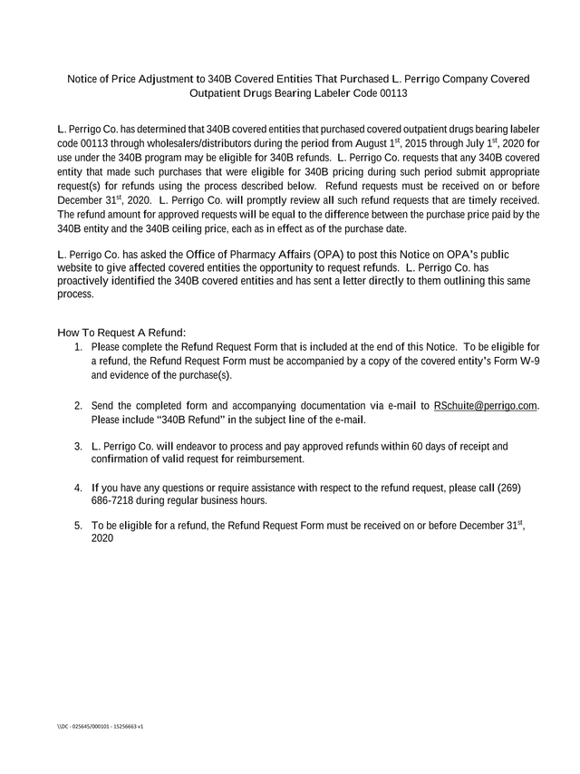 Notice Of Price Adjustment To 340B Covered Entities That Purchased L. Perrigo Company Covered Outpat screenshot